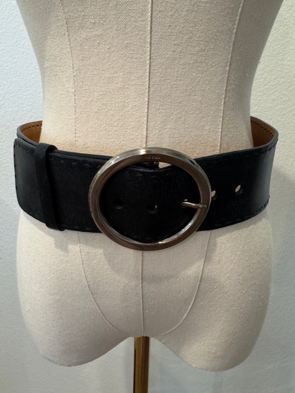 Prada Black Wide Leather Belt with Round Silver-Tone Buckle